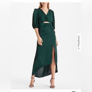 Express satin v-neck puff sleeve cutout hi-lo maxi dress